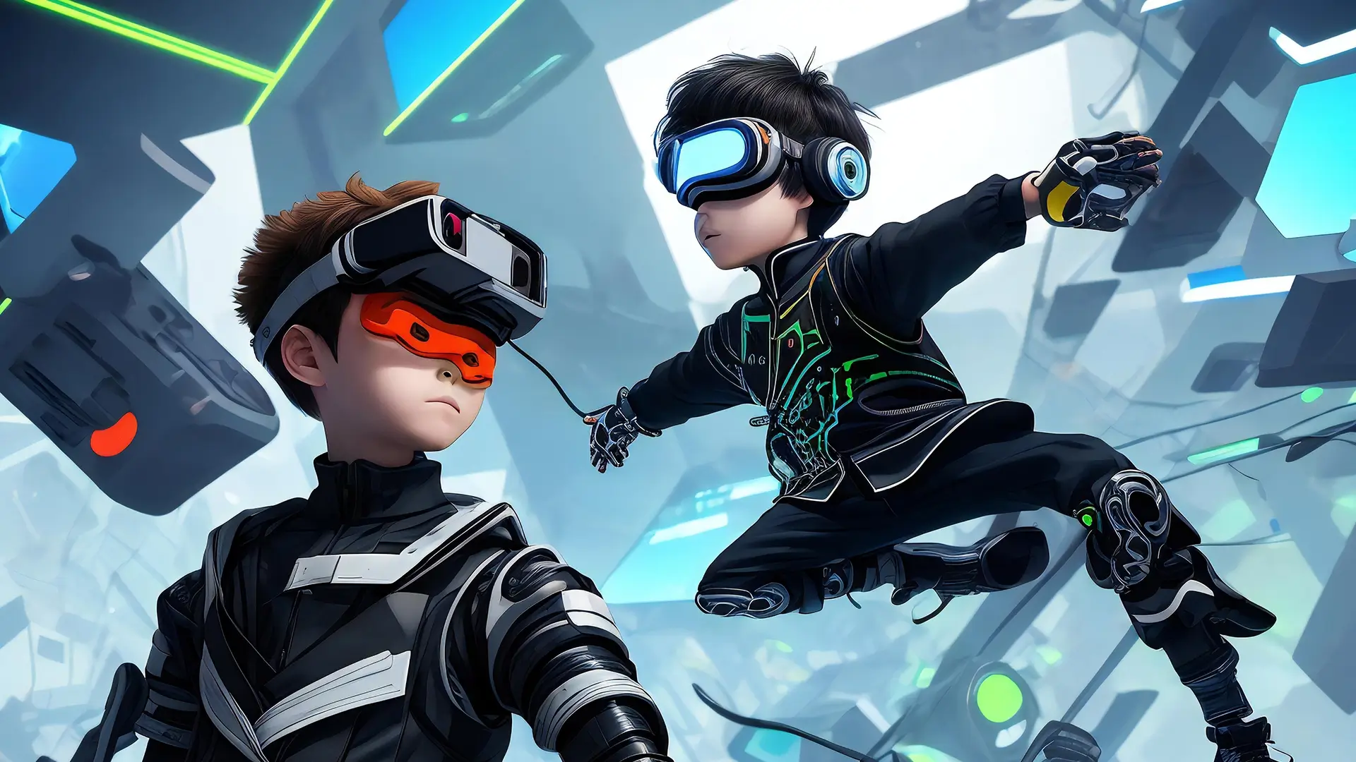 Illustration of two futuristic human game characters wearing VR headsets and sci-fi gear.
