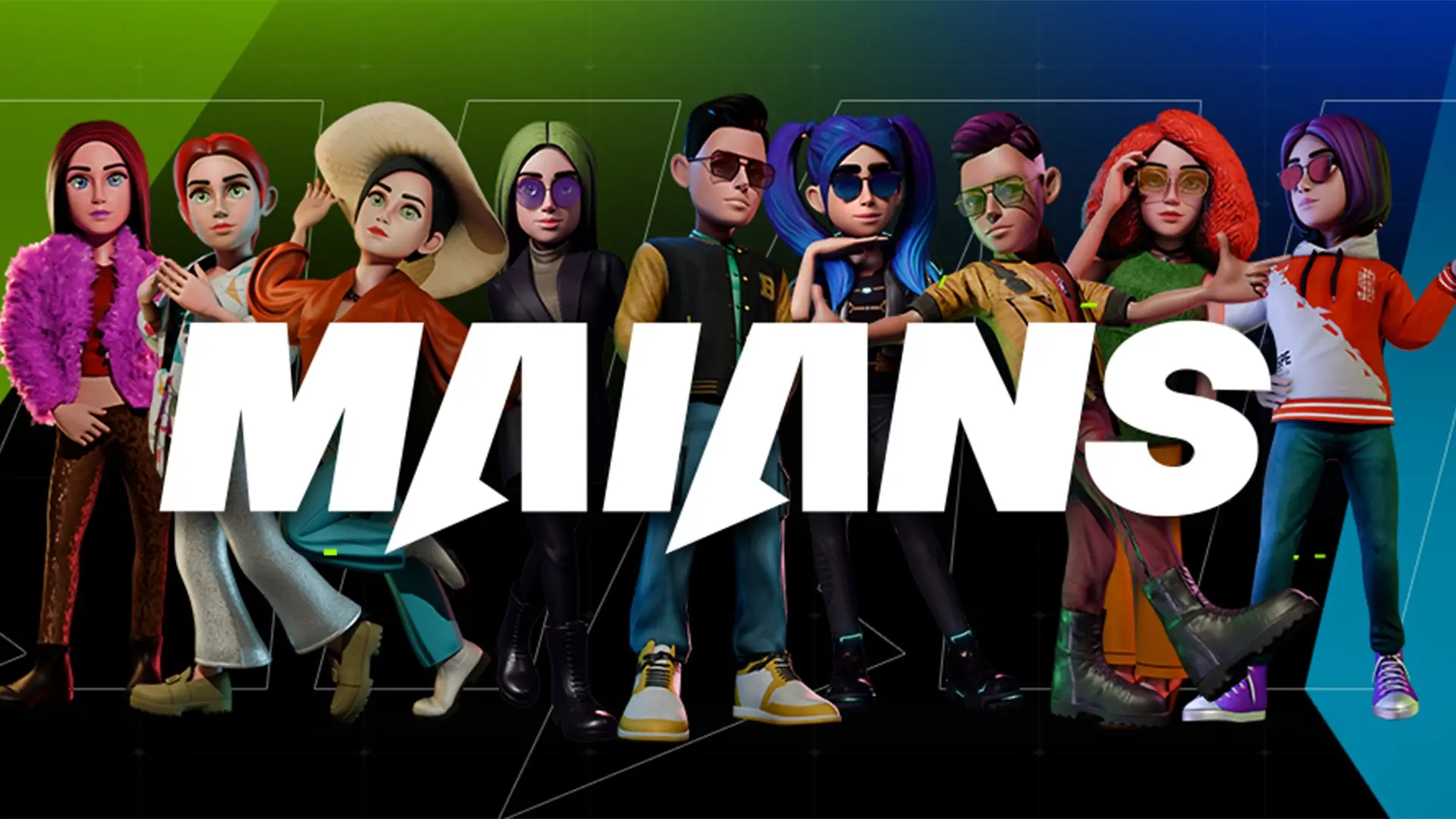 Nine 3D stylized human characters standing in a line, posing in a variety of costumes, with “Maians” written in large white font over the characters.