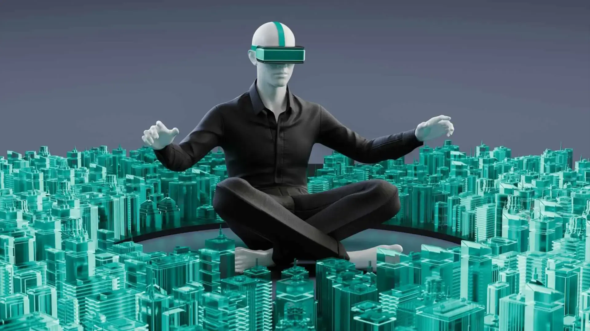 A 3D-rendered figure wearing a VR headset and a sleek black outfit is seated in a lotus position, appearing to meditate. Surrounding the figure is a digital, glowing green cityscape with numerous buildings, giving the impression that the figure is in a futuristic virtual environment. The figure's serene pose contrasts with the complex urban setting, symbolizing a harmonious interaction between technology and mindfulness.
                        