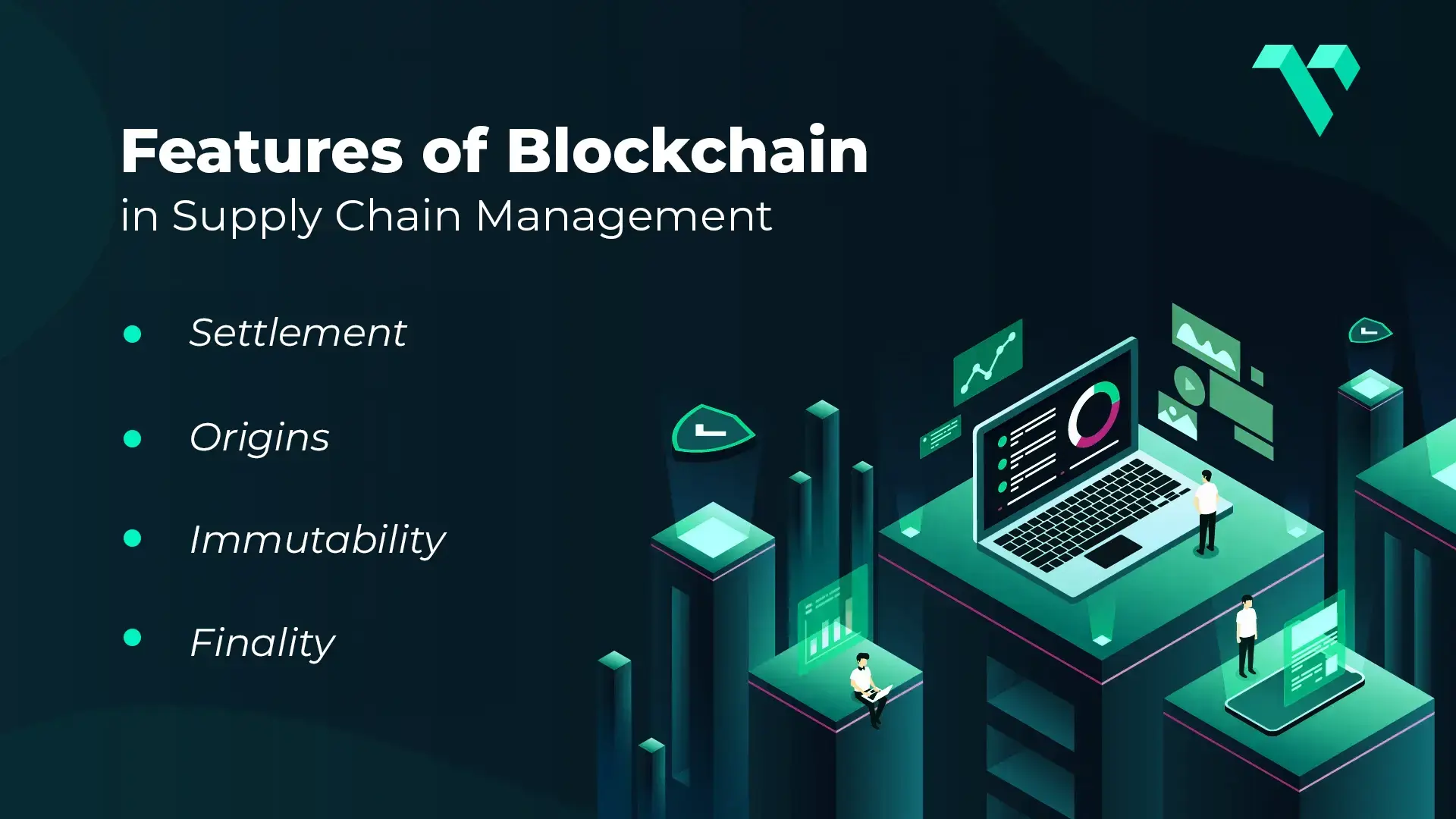 It features an isometric design showing a digital workspace with graphs, data points, and individuals interacting with blockchain systems. The visual theme uses green and dark tones, with a sleek and futuristic representation of technology.