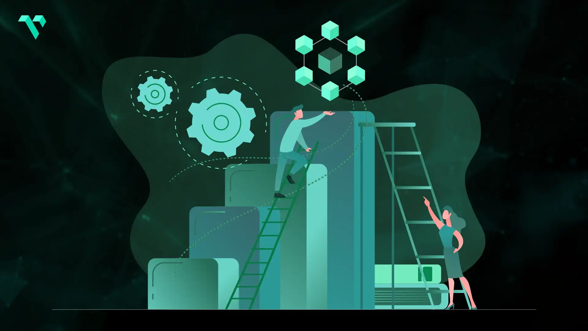 The image depicts an abstract, stylized scene with two human figures interacting with large geometric shapes and mechanical elements. The background is dark with a greenish hue, and there are two large gears and a hexagonal structure composed of cubes connected by lines. One figure is climbing a ladder and reaching towards the hexagonal structure, while the other figure is standing on the ground, pointing upwards. The scene suggests themes of teamwork, technology, and possibly engineering or data management.