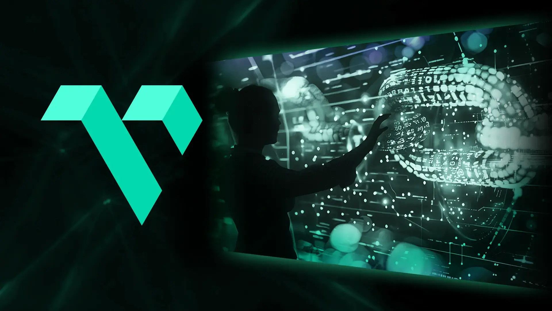 A teal geometric logo is on the left side of the image, resembling an abstract 'V' shape. On the right side, a person is interacting with a large digital screen displaying a complex, glowing, and interconnected network of data and graphics. The screen features a chain-like structure with binary code and various data points, suggesting themes of technology, data analysis, or blockchain. The overall color scheme is dark with teal highlights, creating a futuristic and high-tech atmosphere.