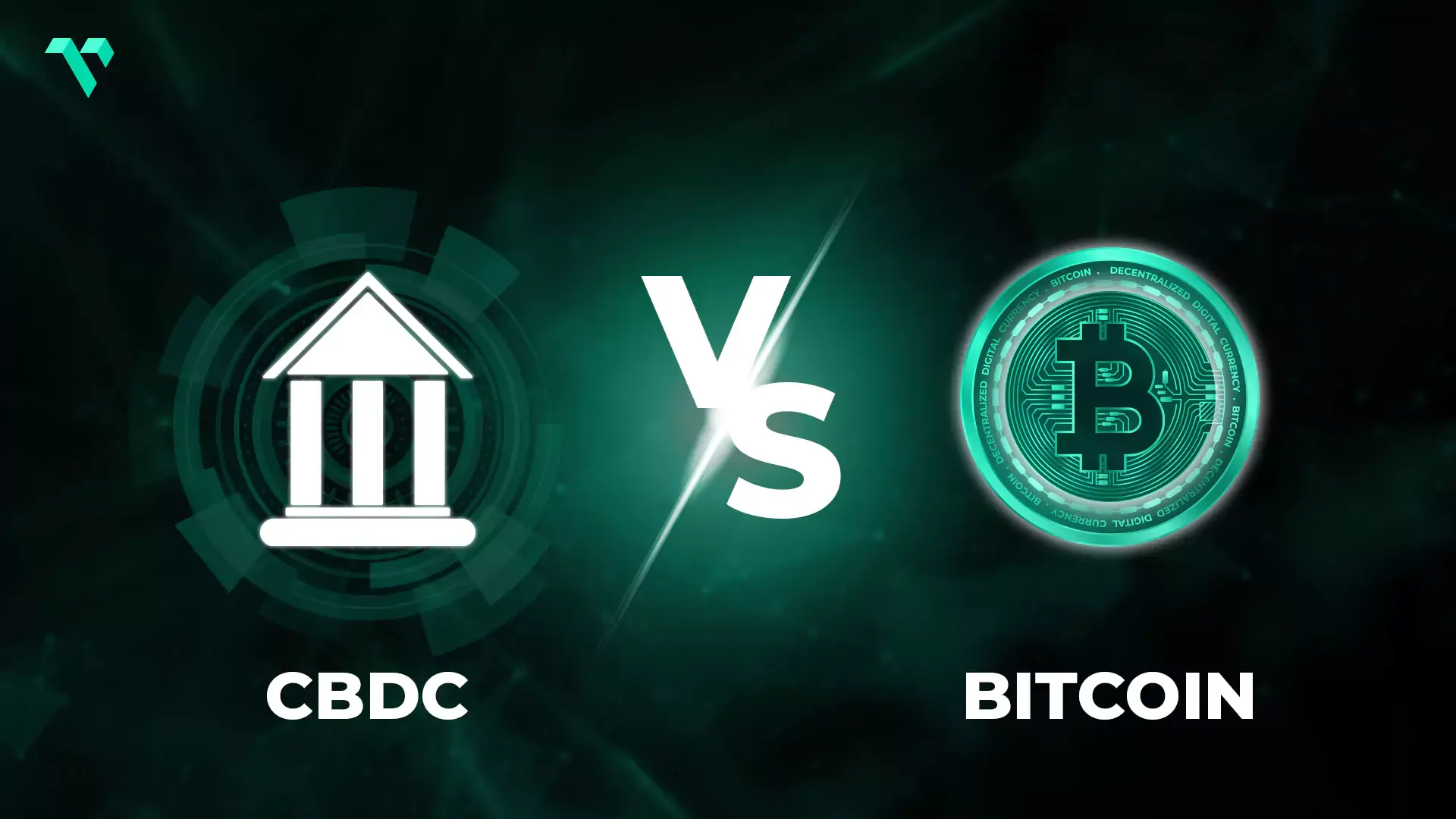 The image compares Central Bank Digital Currencies (CBDCs) and Bitcoin. On the left, there is an icon representing a traditional bank building, symbolizing CBDCs, while on the right, a glowing digital coin with the Bitcoin logo symbolizes Bitcoin. A large "VS" is placed in the center, indicating a comparison or competition between the two. The color scheme is predominantly green and black, with a technological, futuristic vibe. The image gives a clear visual contrast between centralized and decentralized digital currencies.