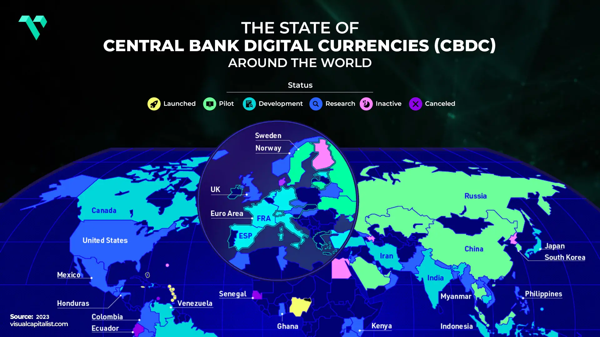 The image is a world map titled "The State of Central Bank Digital Currencies (CBDC) Around the World," which highlights the development status of CBDCs in different countries. The map includes a legend indicating the various stages of CBDC development:
    