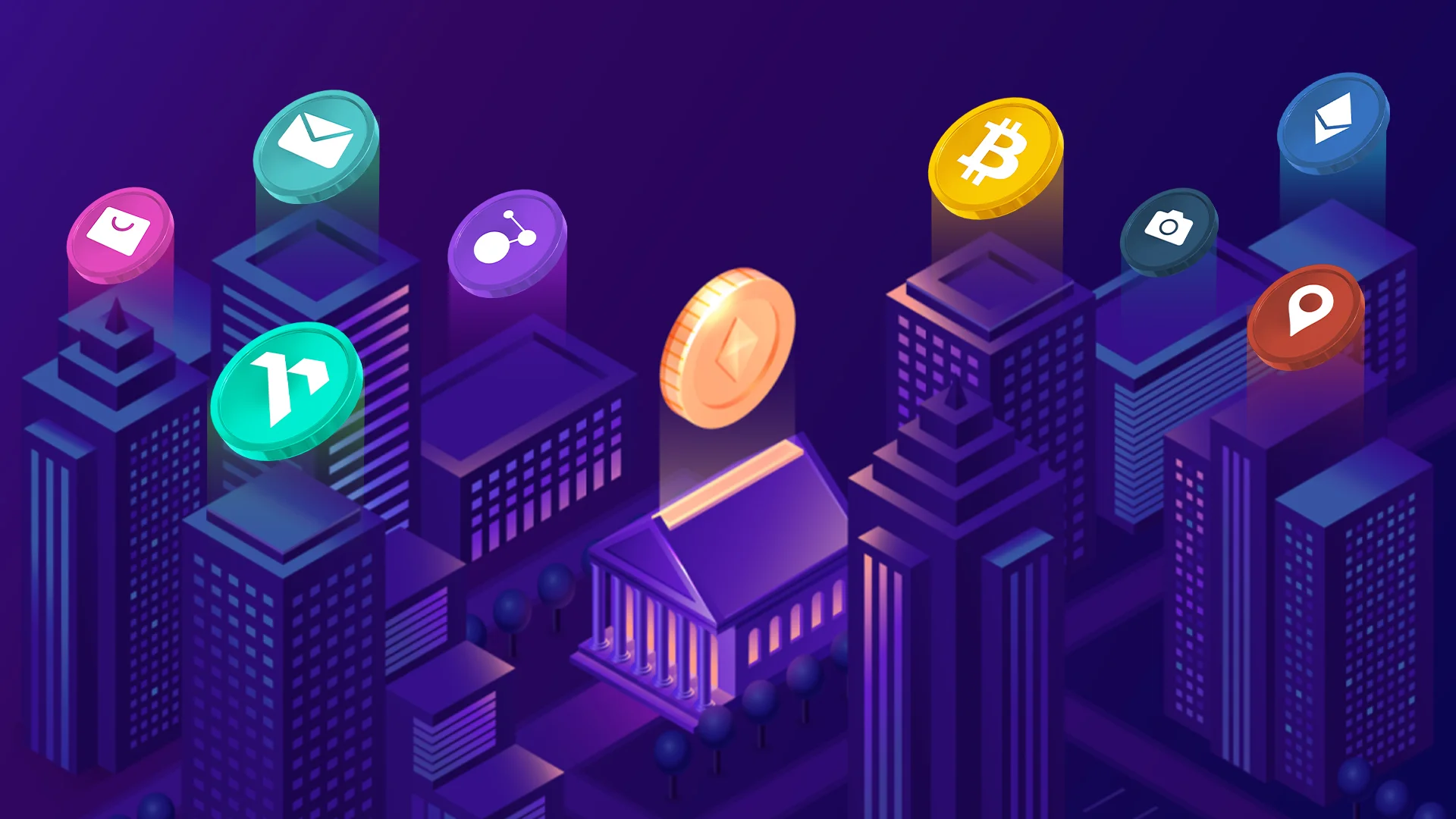 image shows a stylized representation of a cityscape with various buildings, each featuring different digital tokens or icons floating above them. These icons likely represent different types of cryptocurrencies or digital assets, including Bitcoin (BTC) and Ethereum (ETH), among others.