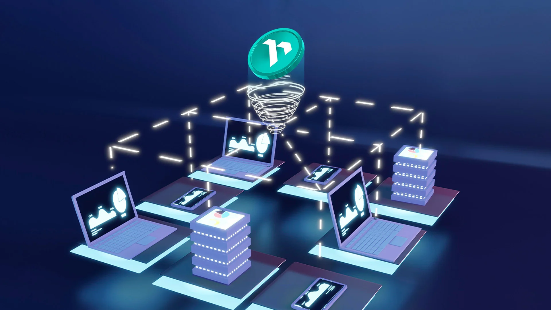 The image appears to depict a blockchain network with interconnected devices, such as laptops and smartphones, connected to a central digital coin or token. The visual representation includes elements like data charts on screens, network connections, and a central digital asset, emphasizing the decentralized nature of the blockchain system.