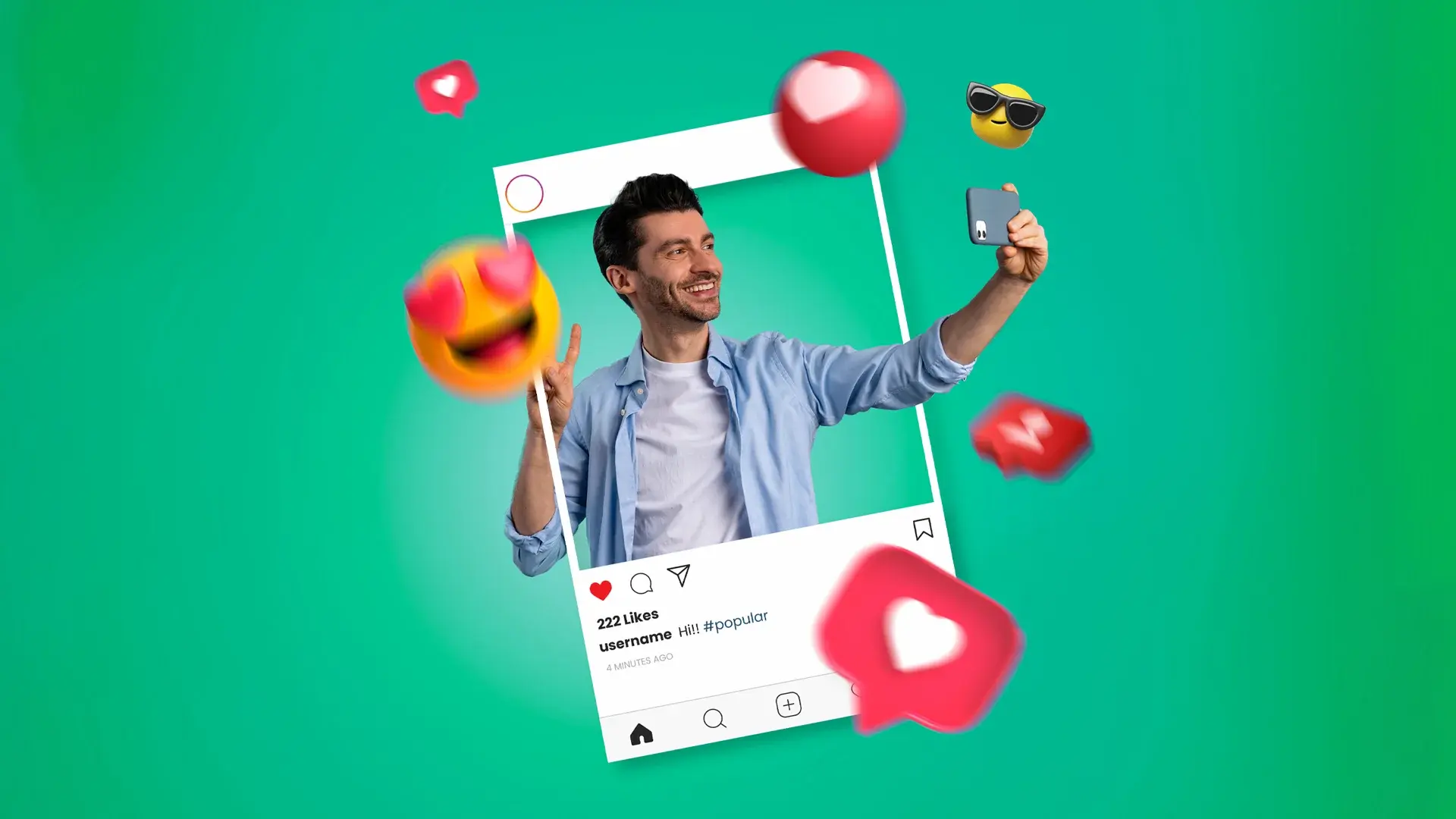 A person takes a selfie, surrounded by social media icons such as hearts and ‘like’ notifications on a vibrant green background, symbolizing the intersection of personal identity and digital interaction