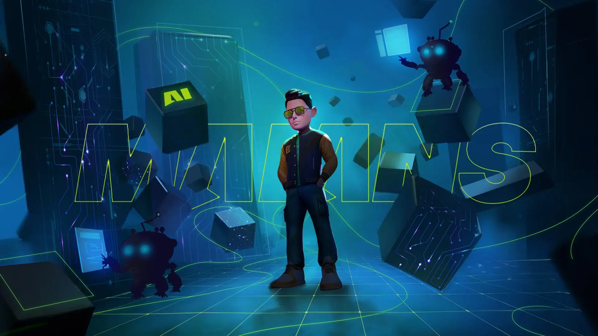 A stylish avatar posing with “Maians” written in the background in a futuristic blue space
                        with blocks and androids.