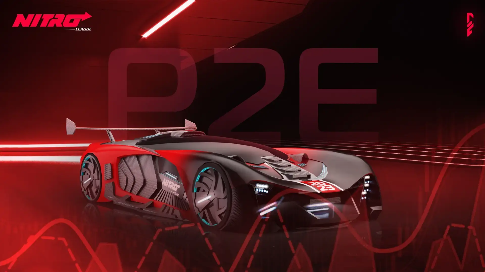 This image appears to be promotional material for Nitro League, featuring a sleek, futuristic car design with the text "P2E" prominently displayed. The car has a dynamic, high-tech look with red and black coloring, advanced aerodynamics, and glowing blue accents.