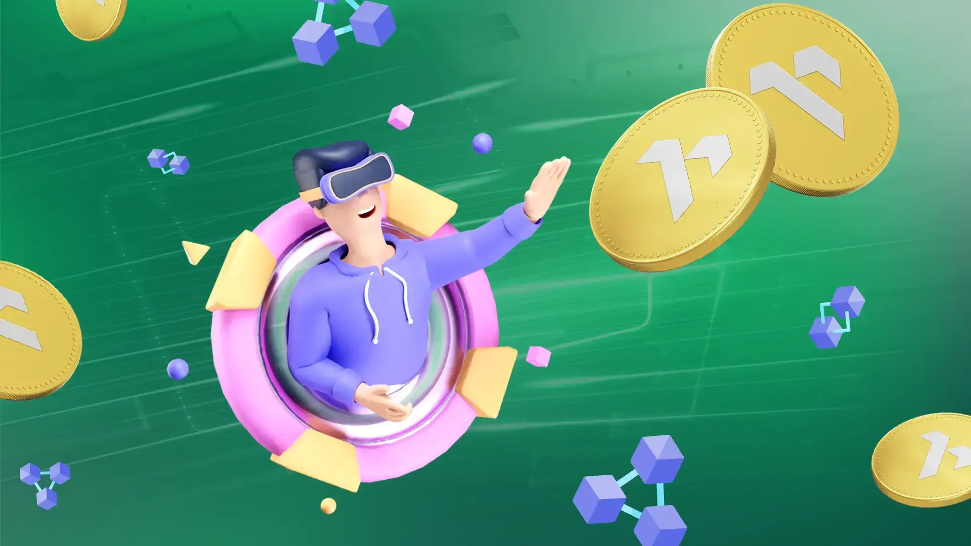 The image depicts a 3D illustration of a person wearing a virtual reality headset and engaging in a digital environment. The background is green with geometric patterns and elements such as floating gold coins featuring a logo, hexagonal shapes, and small cubes. The person appears to be floating inside a circular ring, adding to the futuristic and immersive theme of the image.