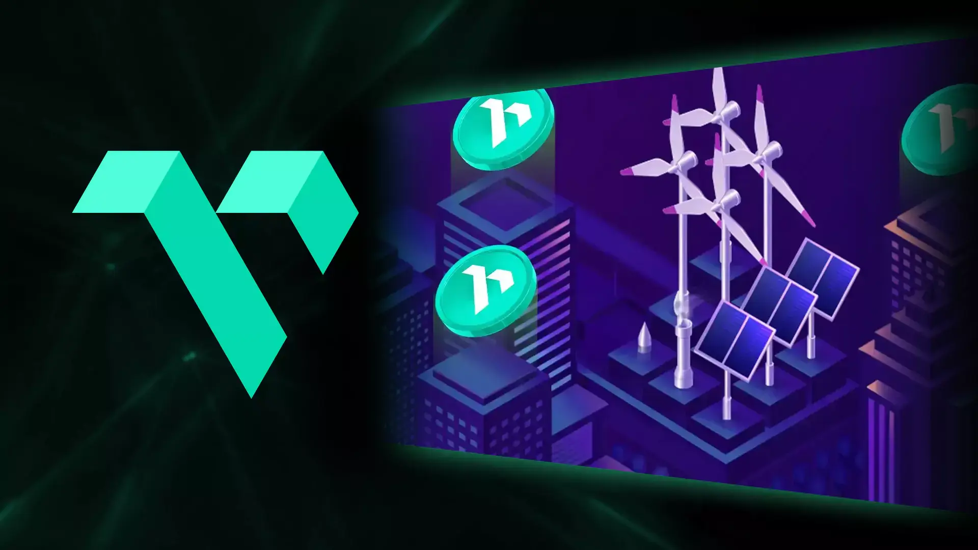 The image you uploaded appears to be a stylized, digital illustration with a futuristic cityscape theme. The city is depicted in shades of purple and blue, with tall buildings and infrastructure. There are elements of renewable energy, such as wind turbines and solar panels, prominently featured in the center. Surrounding the scene are glowing green coins with a white symbol on them, possibly representing a digital currency or token.

                        