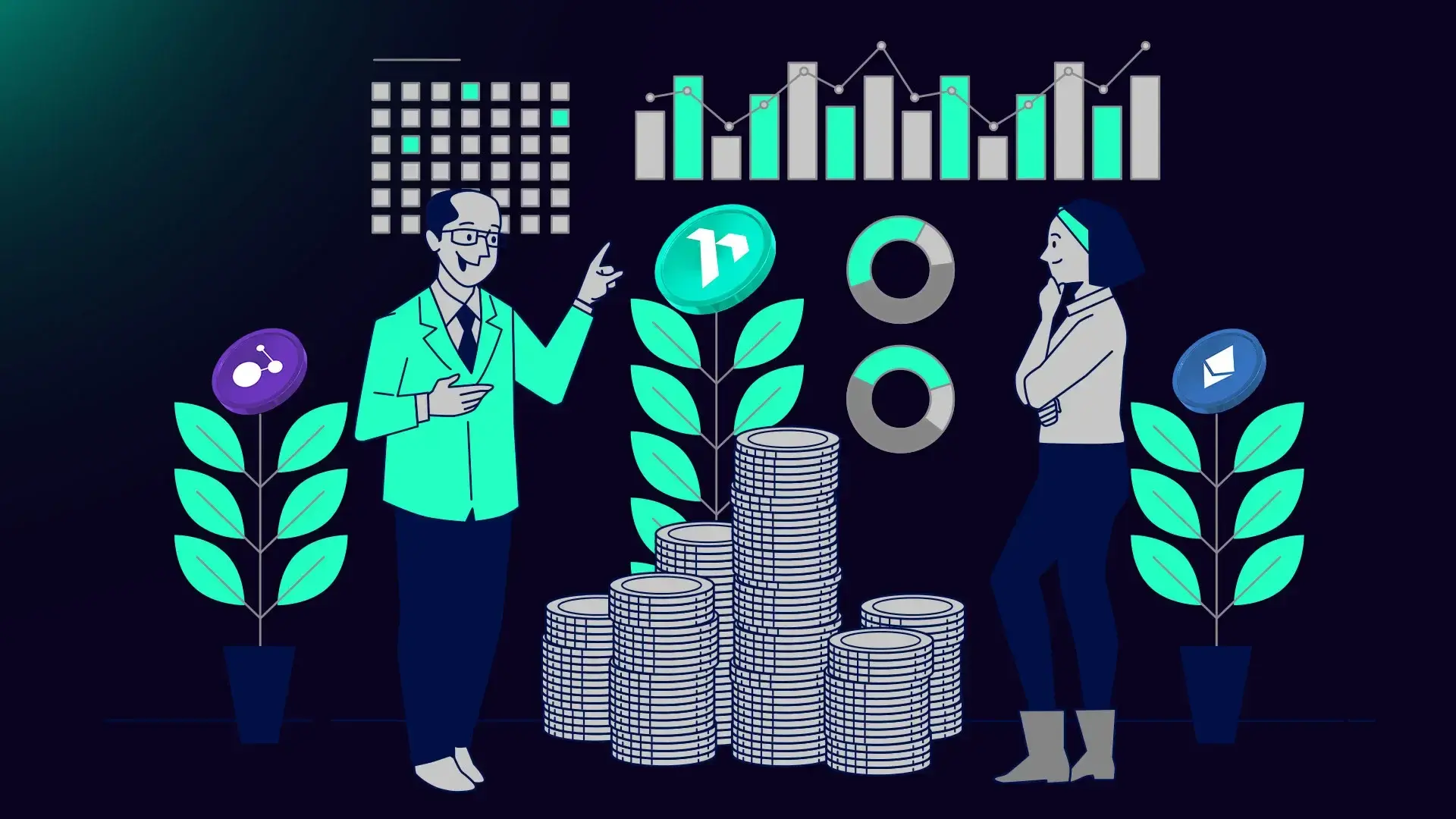 The image you uploaded features a stylized, digital illustration centered around finance, investment, or possibly cryptocurrency themes. It depicts two characters, one of whom appears to be a professional or advisor, explaining something to the other. The scene includes stacks of coins, financial charts, graphs, and symbols representing different types of currencies or tokens. The plants with growing leaves suggest a theme of financial growth or investment in sustainable or green technologies.