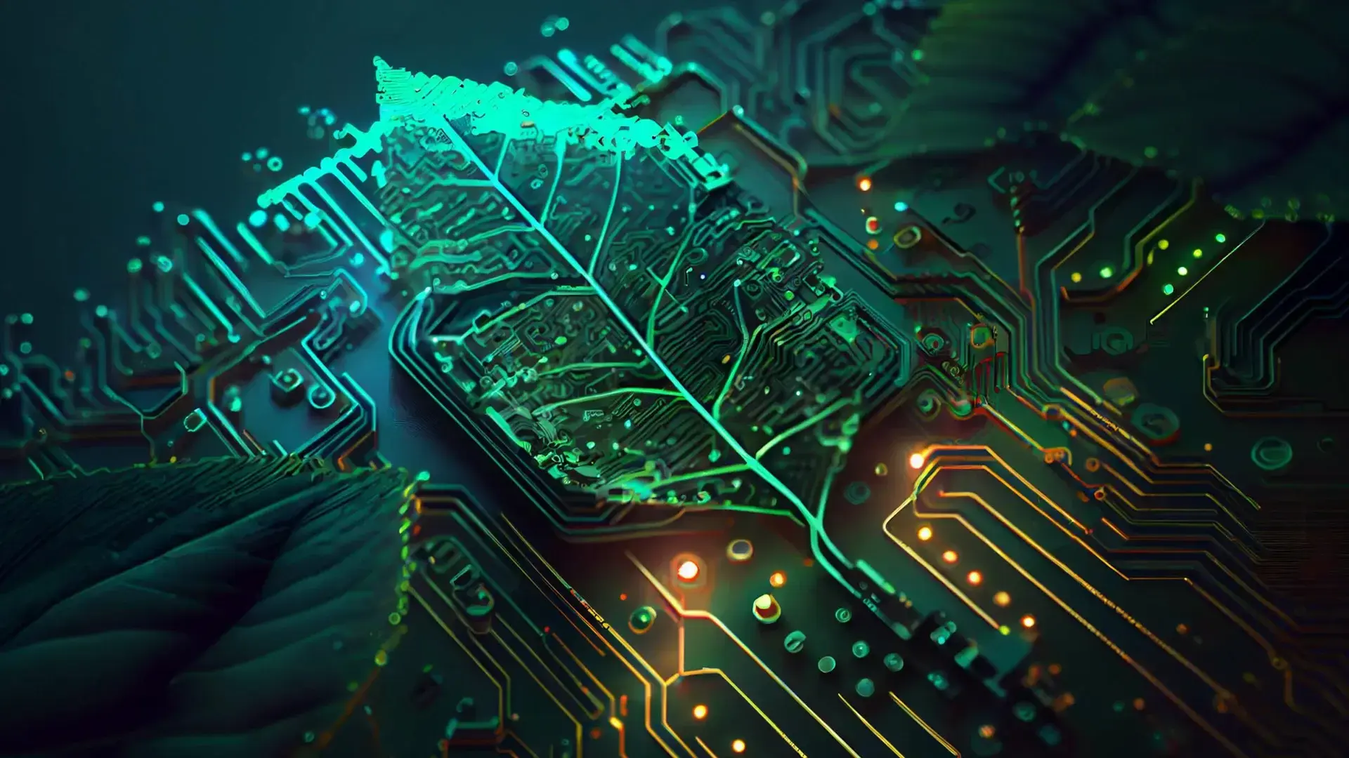 The latest image you uploaded depicts a highly detailed and artistic representation of a leaf intertwined with circuitry. The leaf seems to be integrated into a circuit board, symbolizing a fusion of nature and technology. The design has a glowing effect, with the circuitry lines illuminated in green and orange hues, creating a visually striking blend of organic and electronic elements.