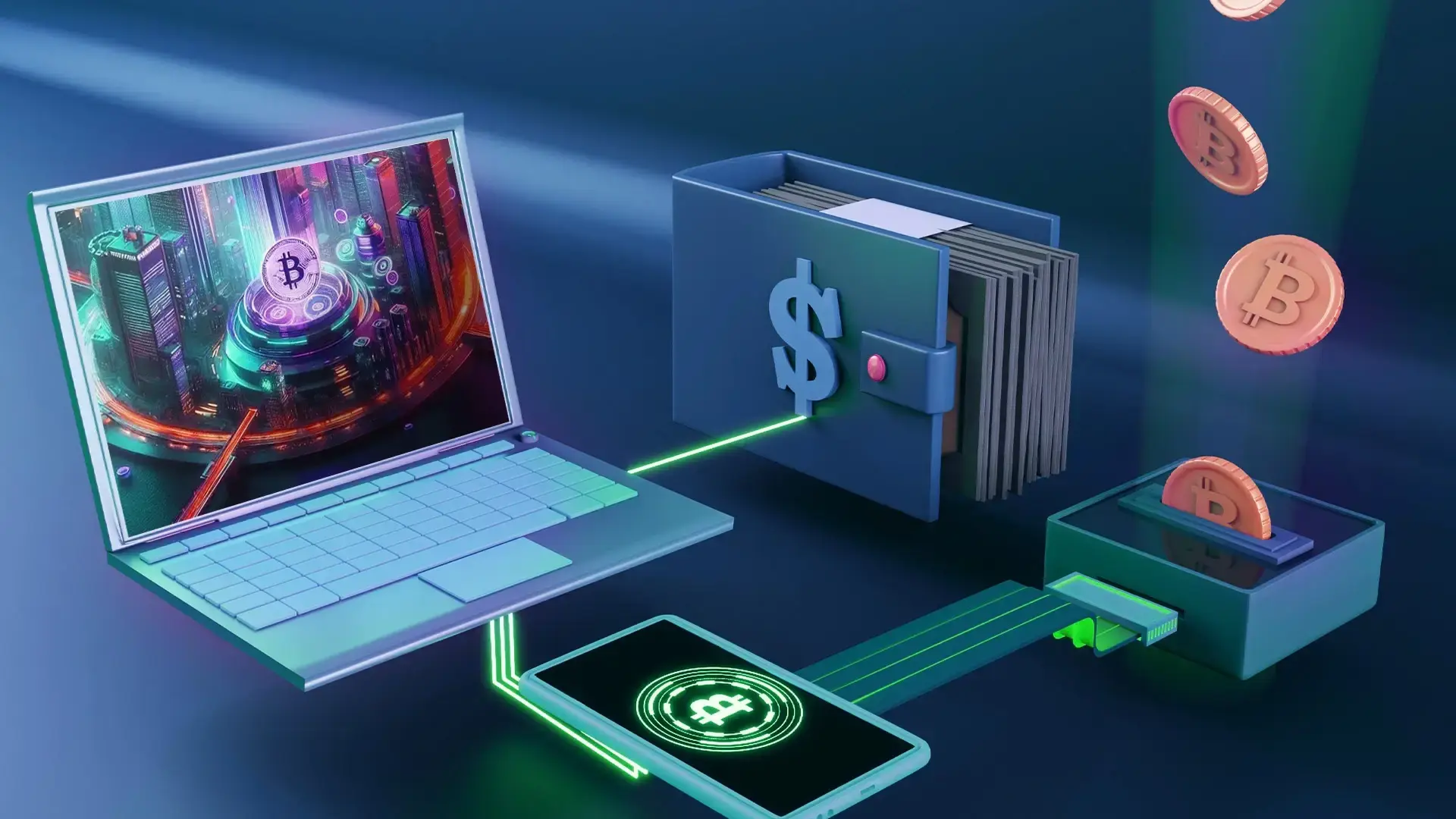 Image showing a digital transaction process with a laptop, wallet, and smartphone connected by green lines. Bitcoins are depicted as moving from the wallet to a digital storage, with the laptop screen displaying a futuristic cityscape with a Bitcoin symbol.