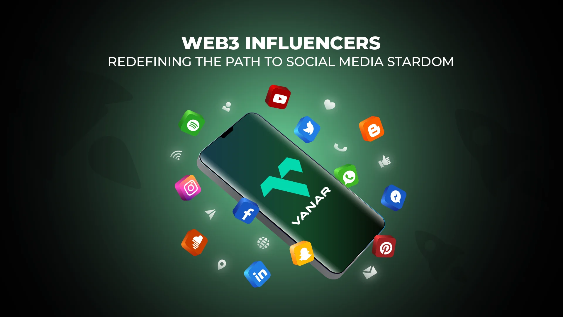 Vanar's logo displayed on a smartphone screen surrounded by popular social media icons, emphasizing connectivity across social media platforms.