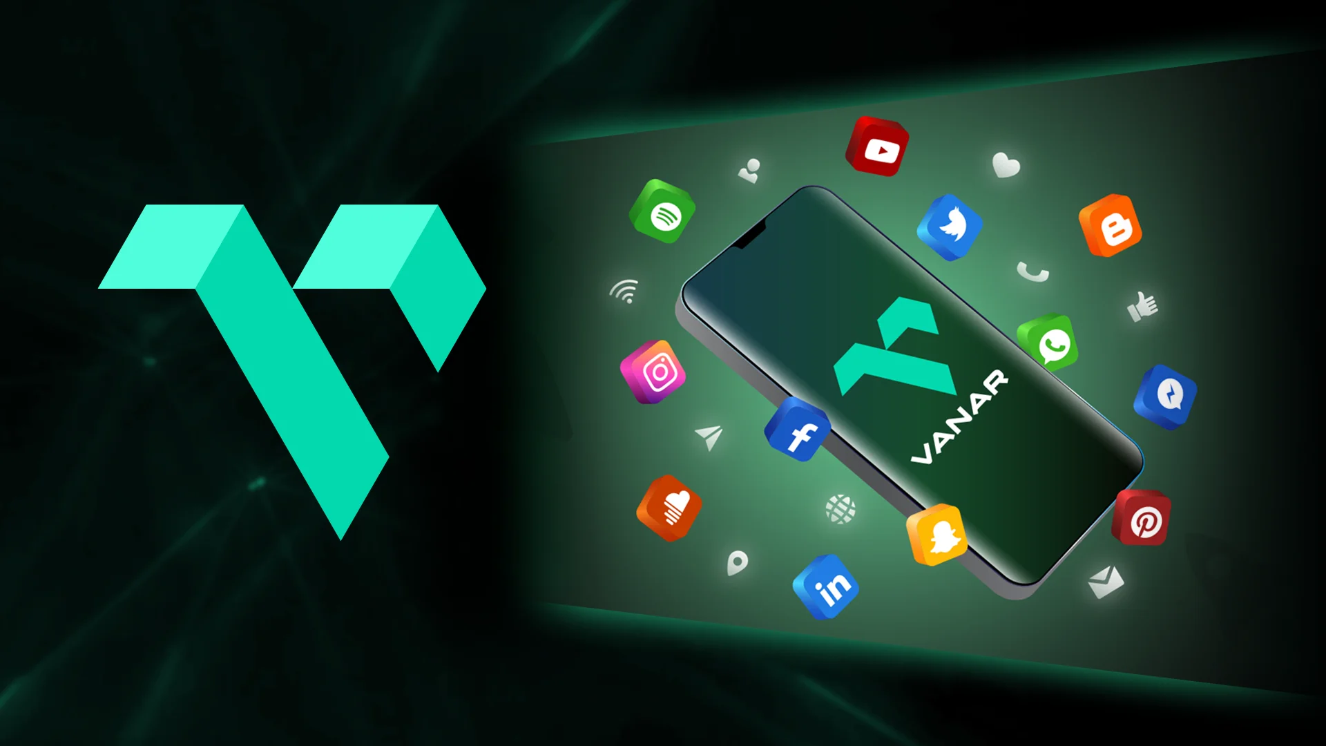 Vanar's logo displayed on a smartphone screen surrounded by popular social media icons, emphasizing connectivity across social media platforms.