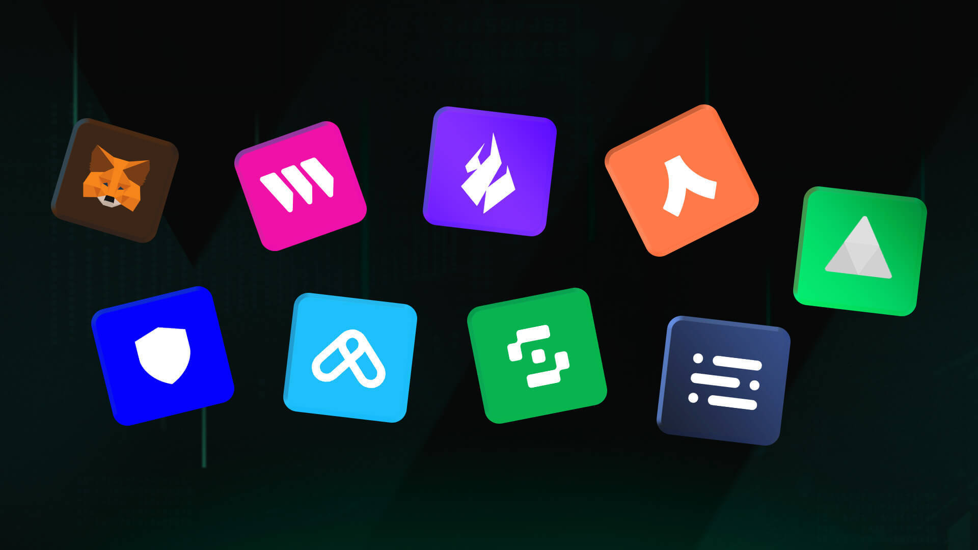 
    A graphic of four application icons floating against a dark digital background, including what appears to be icons for Firefox, Google Tasks, Airbnb, and security software.
    