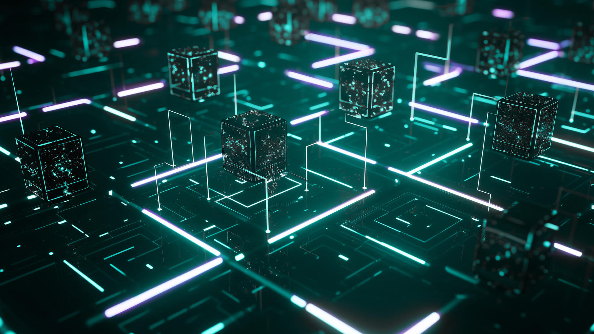 A digital illustration of a network of glowing neon lines forming an intricate maze-like pattern on a dark background. Several three-dimensional cubes with illuminated edges are scattered throughout, suggesting nodes in a futuristic or virtual space. The image conveys a sense of advanced technology, connectivity, and data processing in a cybernetic environment
                              