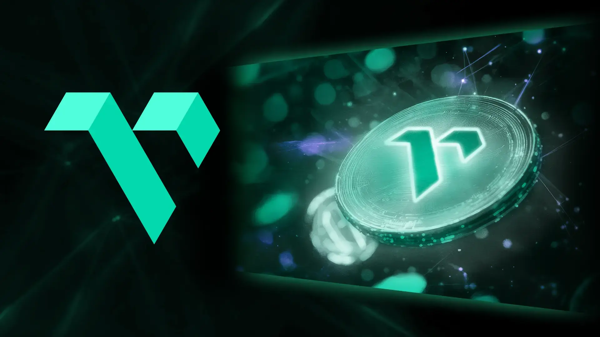 The image shows a stylized logo on the left side and a digital coin on the right side. The logo consists of geometric shapes forming a 'V' or 'N' shape in a bright teal color. The digital coin on the right has the same logo in the center, glowing with a teal light. The background is dark with abstract light patterns, giving a futuristic and digital feel. This image is relevant as it likely represents a cryptocurrency or a digital asset, which are significant in the context of modern financial technology and blockchain.
                                