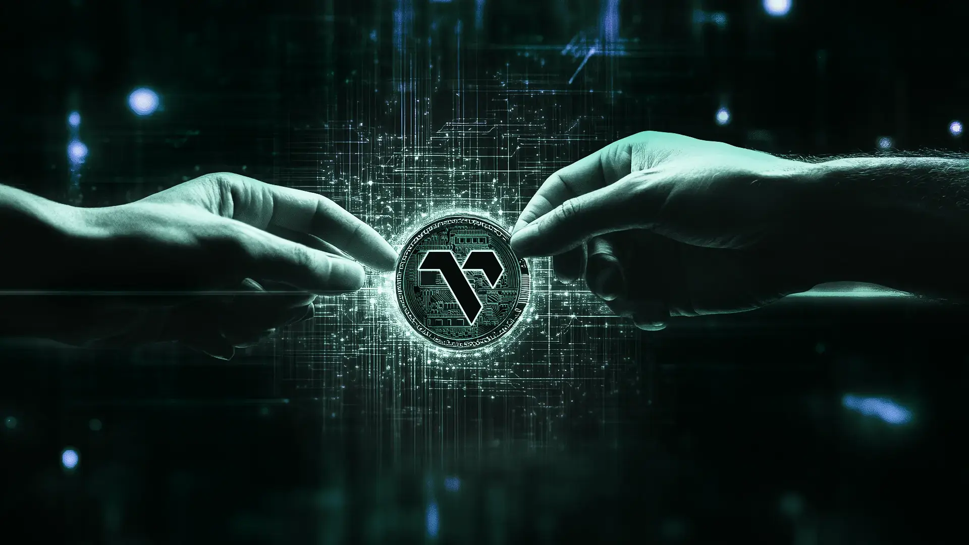 The image shows two hands reaching towards each other, with both hands holding a coin-like object in the center. The coin has a digital design with a prominent symbol in the middle, resembling a stylized 'V' or 'W' with circuit-like patterns around it. The background is dark with a grid-like pattern and glowing points of light, giving it a futuristic and digital feel. This image is interesting and relevant as it appears to represent the concept of digital currency or cryptocurrency, symbolizing the transfer or exchange of digital assets.
                        